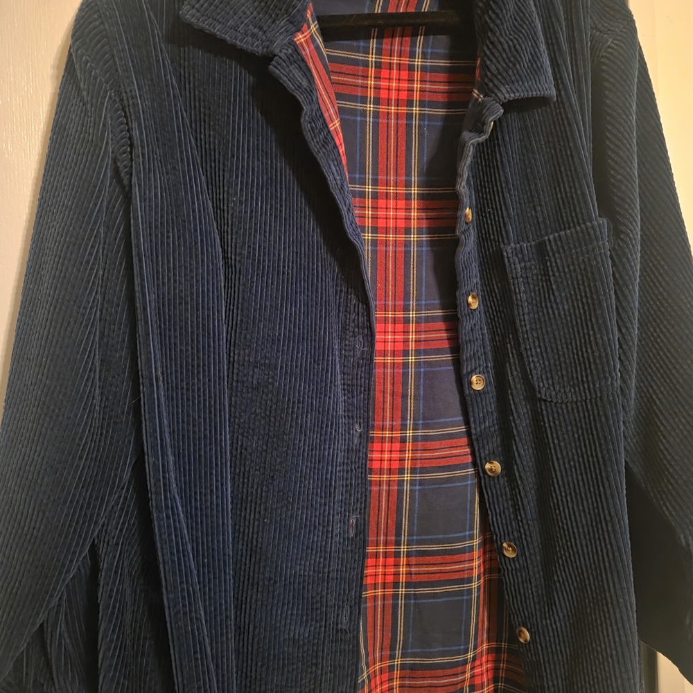 Navy Corduroy Shirt with Plaid Lining